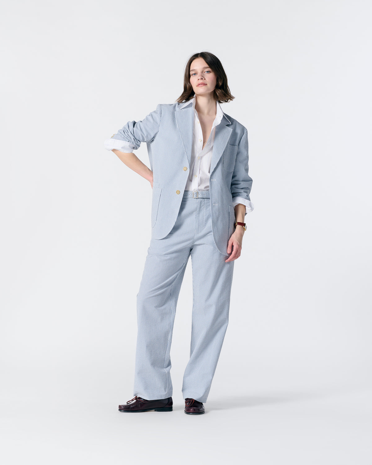 Seersucker Belted Single-Pleat Trousers