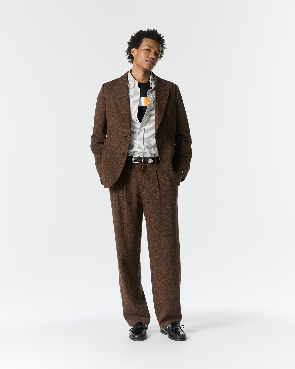 Double-Pleat Wool Herringbone Trousers