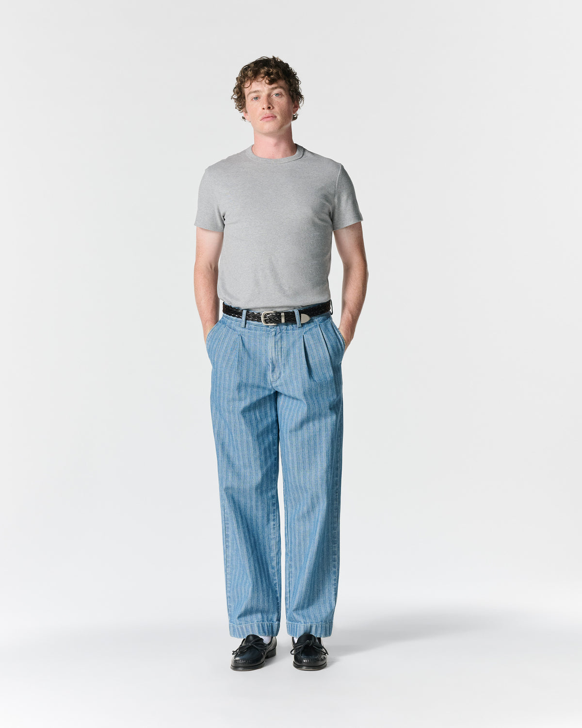 Double-Pleat Herringbone Denim Pant